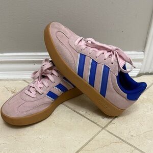 Adidas Women's Pink and Blue Sneakers with Tan Sole